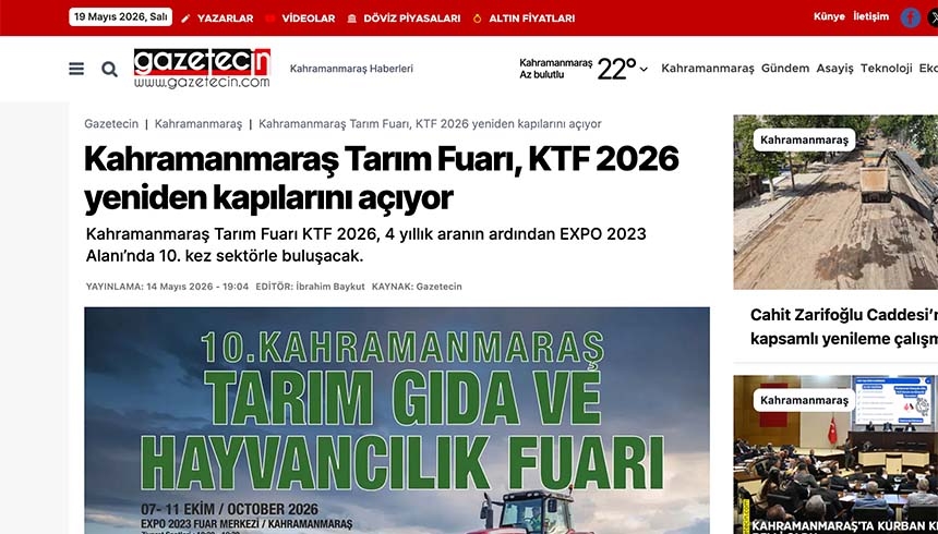 Kahramanmaraş Tarım Fuarı, KTF 2026 yeniden kapılarını açıyor
