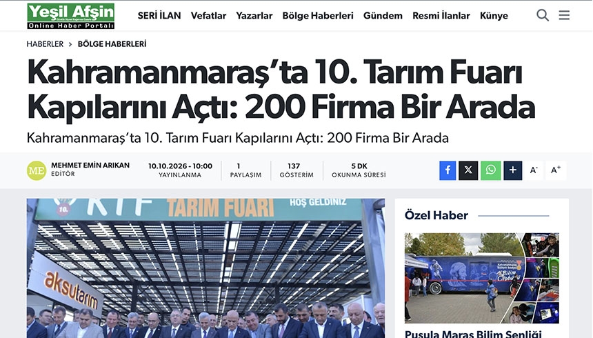 Kahramanmaraş’ta 10. Tarım Fuarı Kapılarını Açtı: 200 Firma Bir Arada